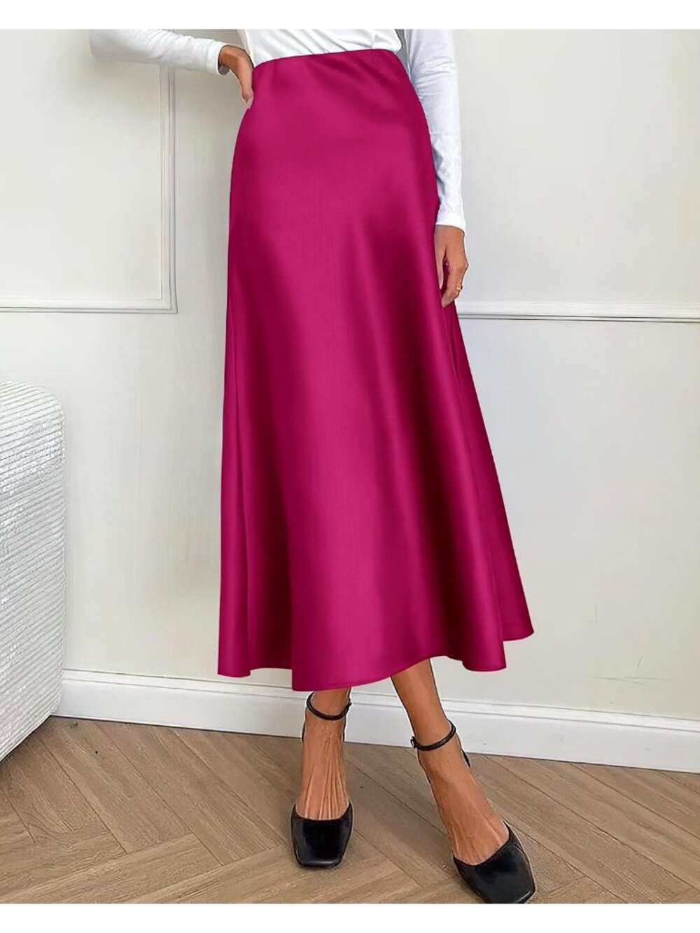 Women Rose Red High Waist Satin Elegant Slip Bias Cut Flowy Long Midi Skirt - Picture 4 of 6